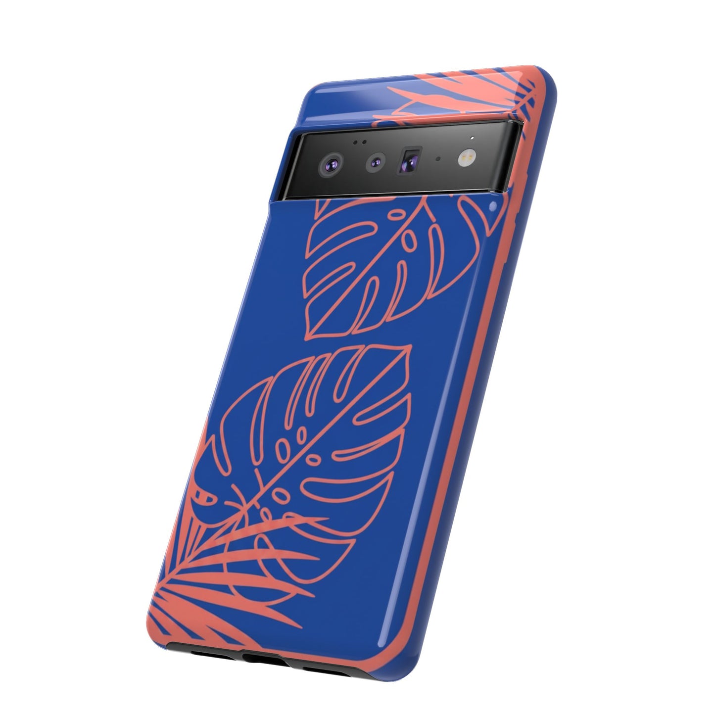 Tropical Monstera Phone Case — Blue & Coral Leaf Protective Cover