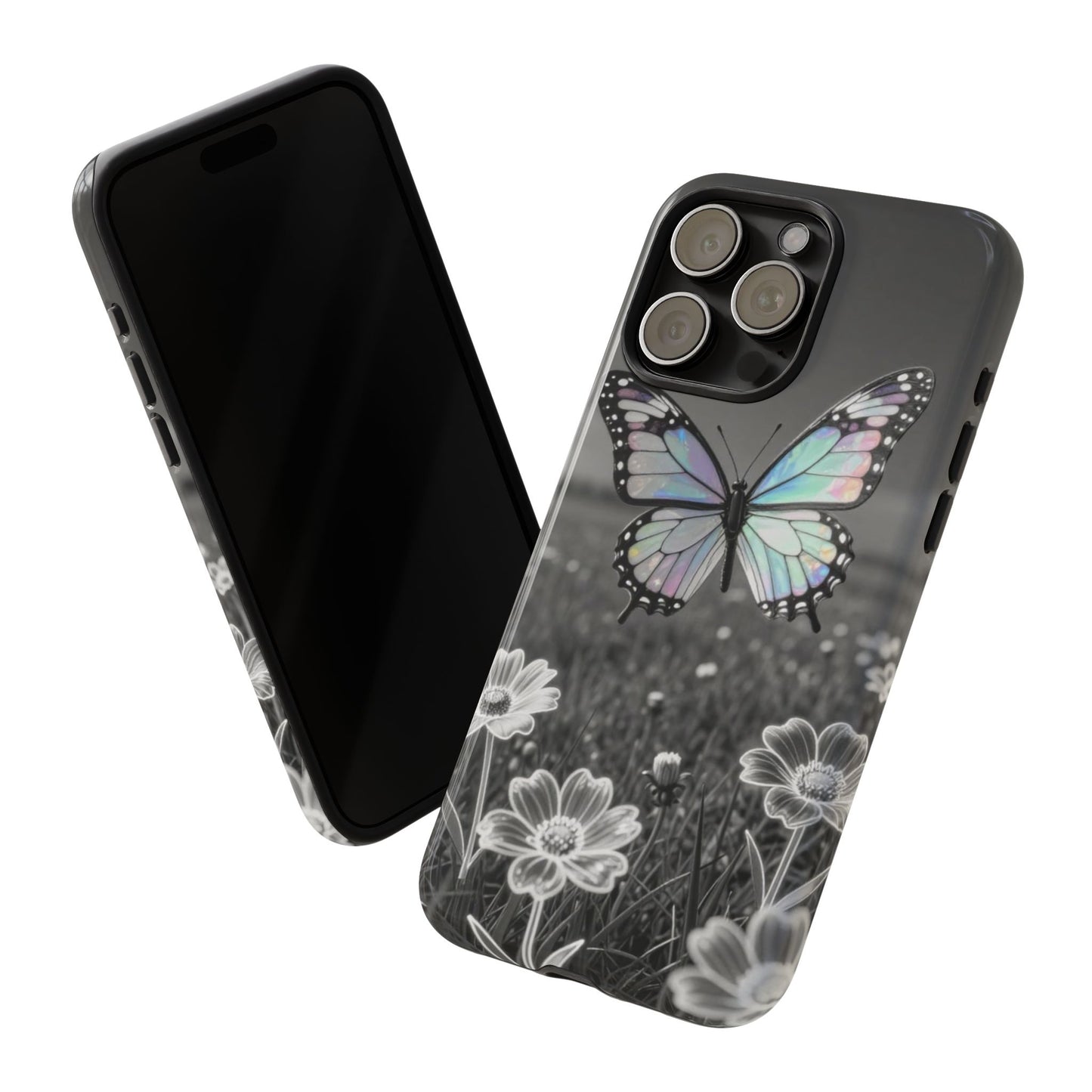 Butterfly Field Tough Phone Case — Pastel Holographic Butterfly on Black & White Floral Background