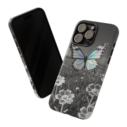 Butterfly Field Tough Phone Case — Pastel Holographic Butterfly on Black & White Floral Background