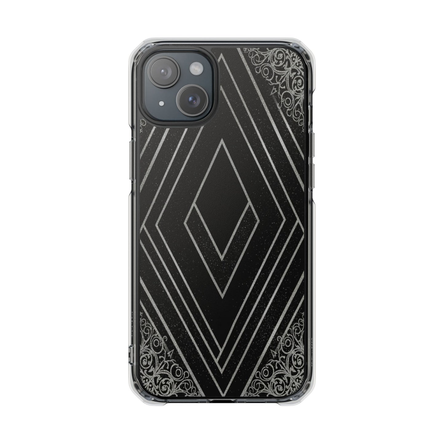 Clear Magnetic Phone Case — Geometric Diamond Pattern with Filigree Corners