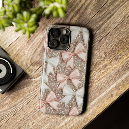 Glitter Bow Tough Phone Case — Pink & White Ribbon Protective Cover