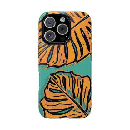 Tropical Leaf Tough Phone Case — Orange Monstera Design on Teal