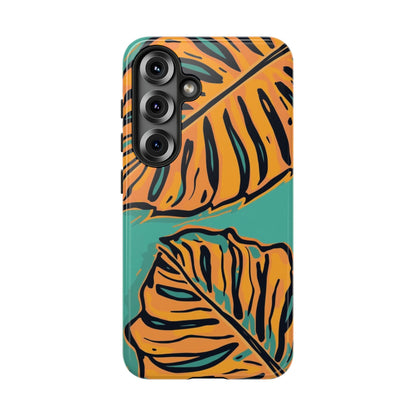 Tropical Leaf Tough Phone Case — Orange Monstera Design on Teal