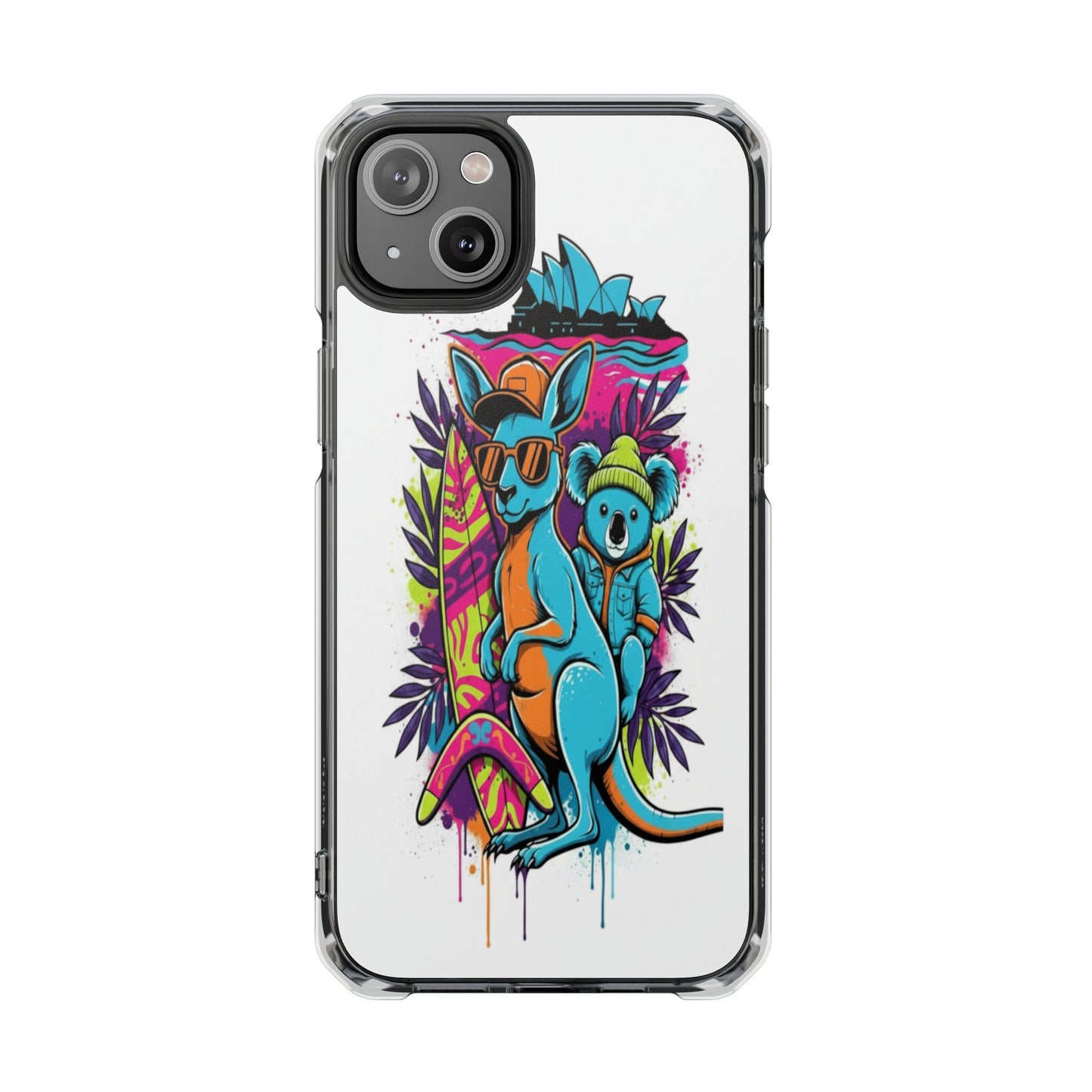 Clear Magnetic Phone Case — Colorful Surfing Kangaroo & Koala Art
