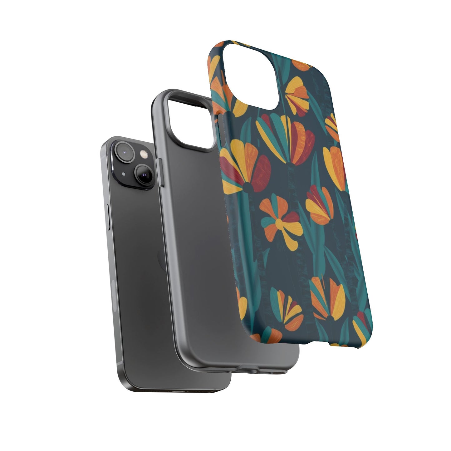 Floral Retro Teal Tough Phone Case — Vibrant Orange & Mustard Blooms