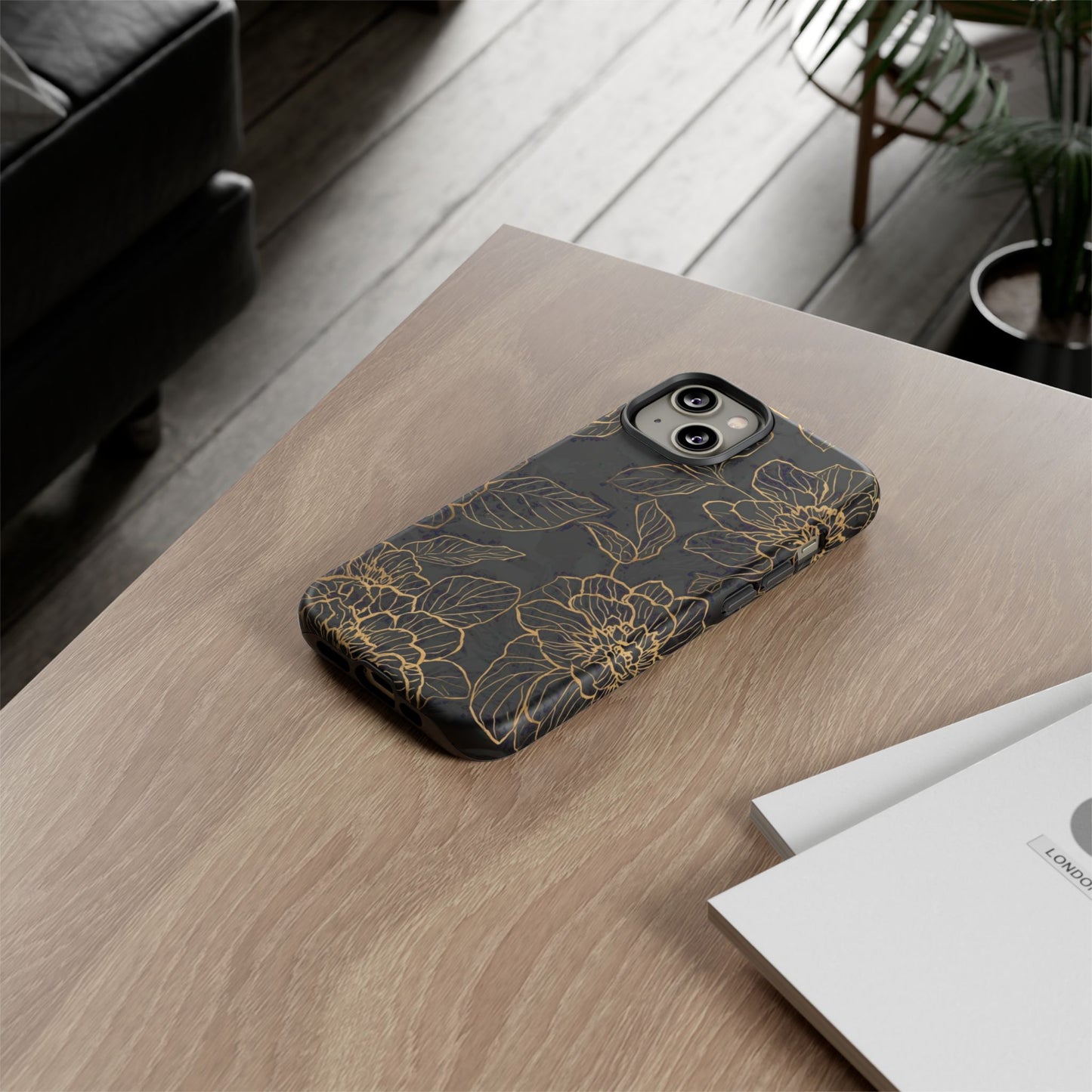 Floral Gold Outline Tough Phone Case – Black Botanical Protective Cover