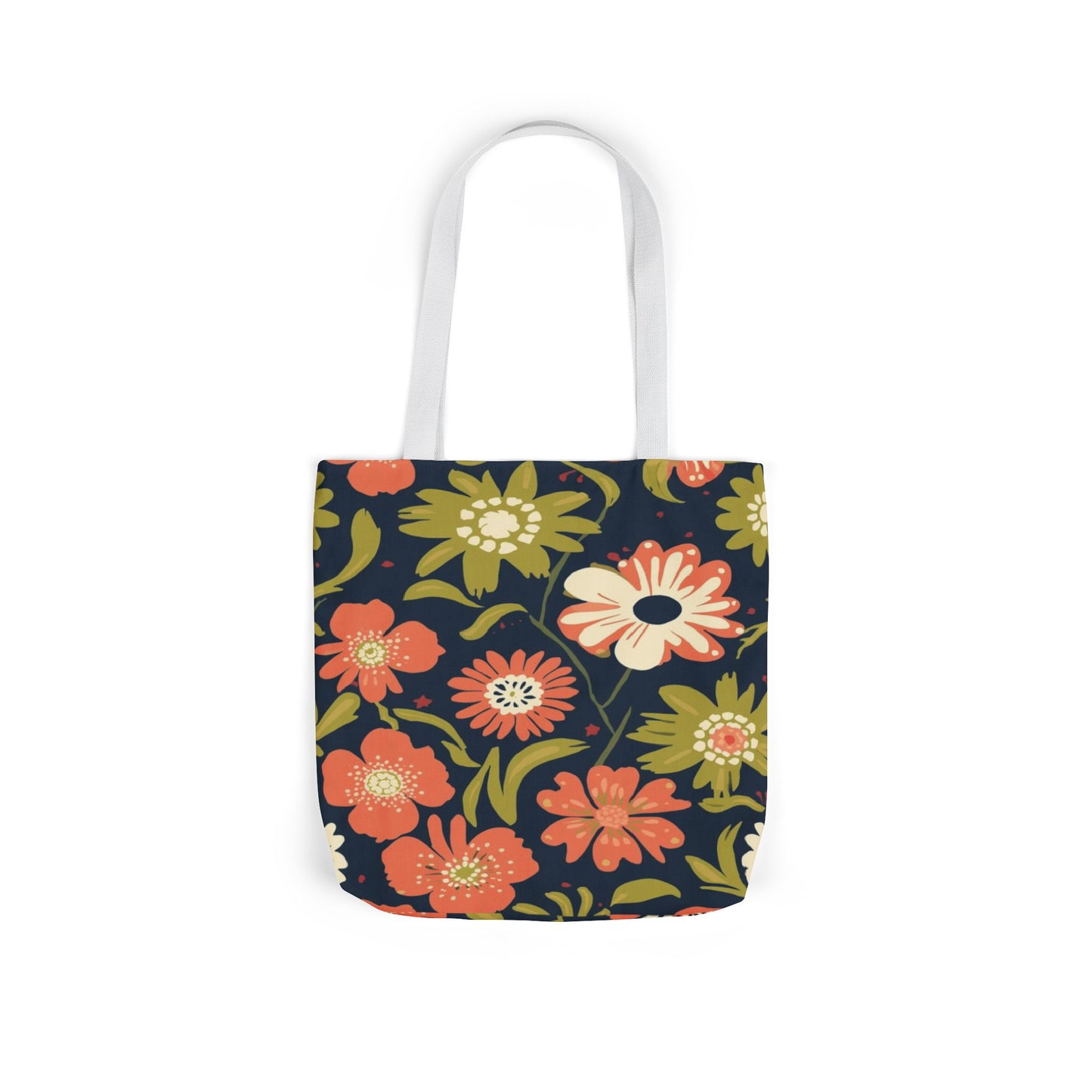 Floral Canvas Tote Bag — Retro Orange & Olive Flower Pattern