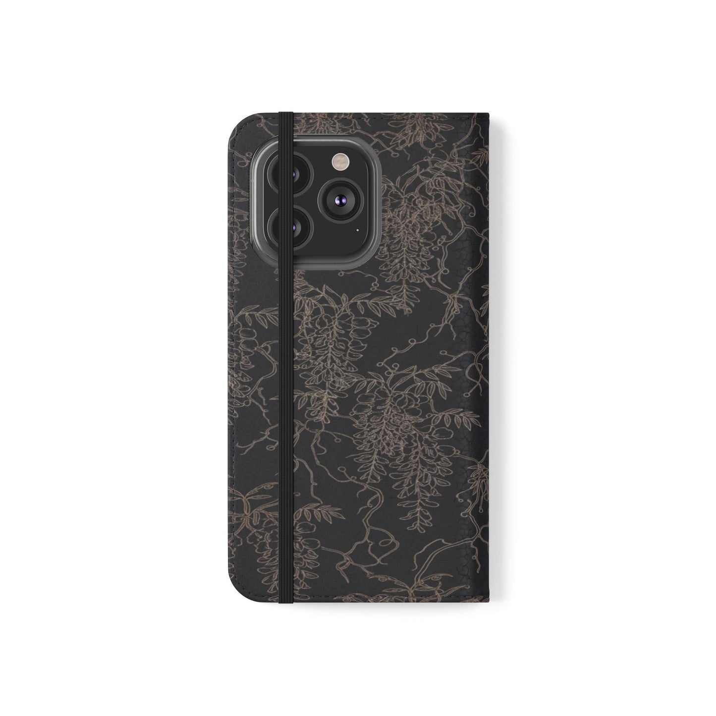 Botanical Noir Flip Phone Case — Dark Floral Wallet Cover with Card Slots