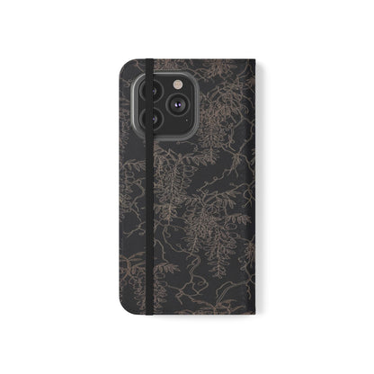 Botanical Noir Flip Phone Case — Dark Floral Wallet Cover with Card Slots