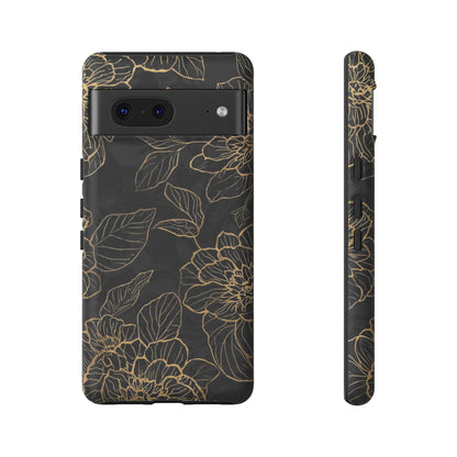Floral Gold Outline Tough Phone Case – Black Botanical Protective Cover