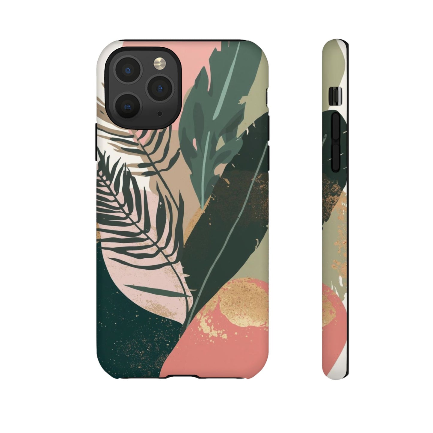 Tropical Leaf Tough Phone Case — Abstract Pink & Green Botanical Protective Cover
