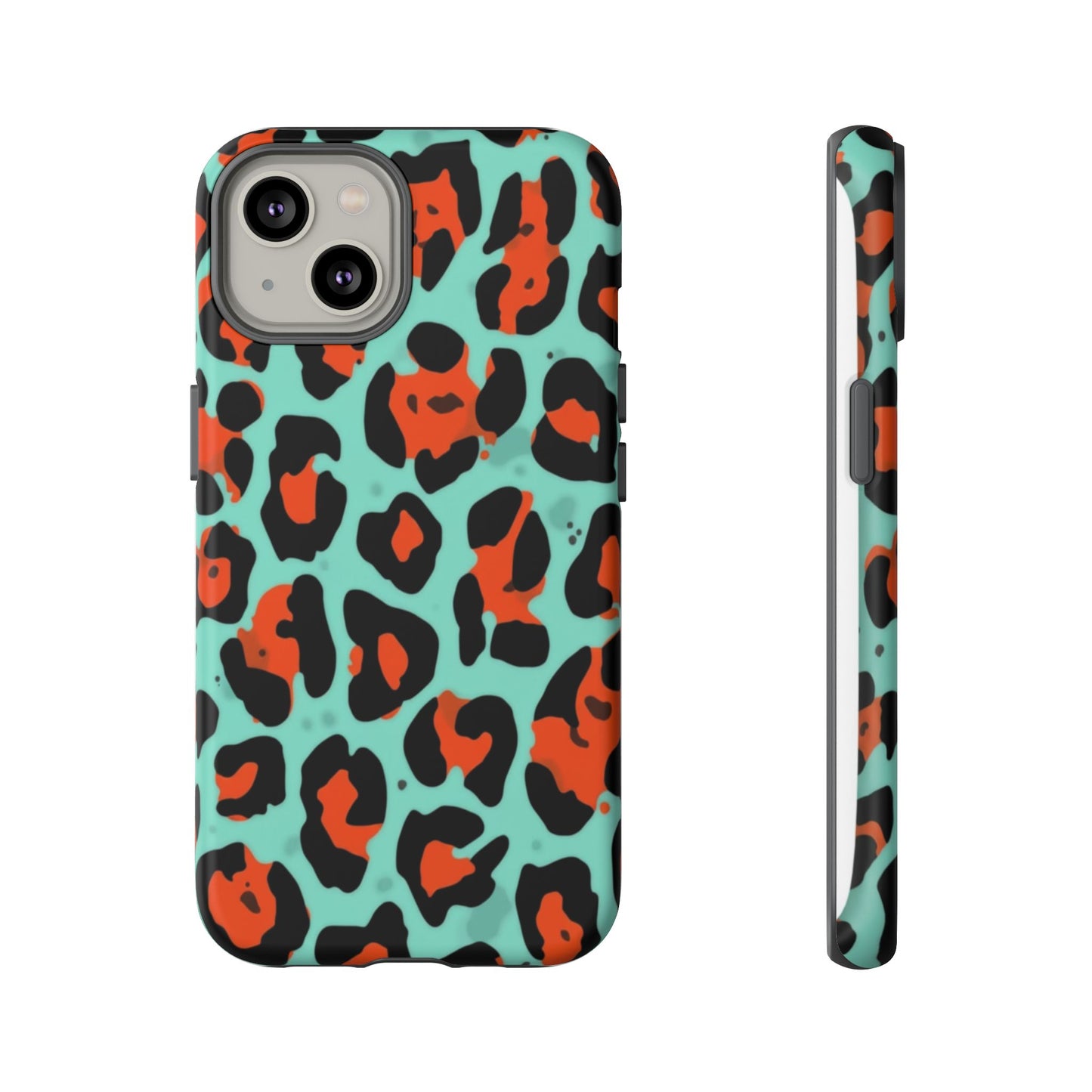 Leopard Print Tough Phone Case — Teal & Rust Protective iPhone Cover