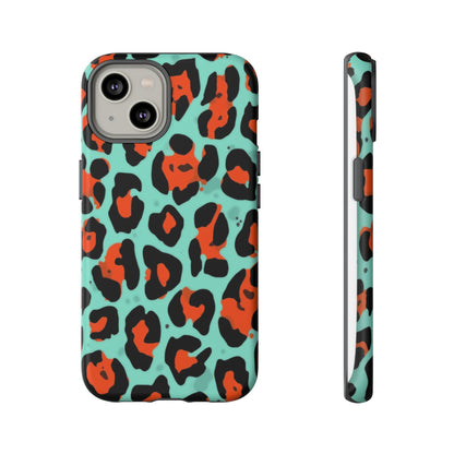 Leopard Print Tough Phone Case — Teal & Rust Protective iPhone Cover