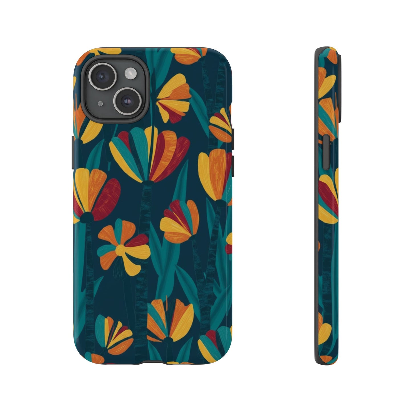 Floral Retro Teal Tough Phone Case — Vibrant Orange & Mustard Blooms
