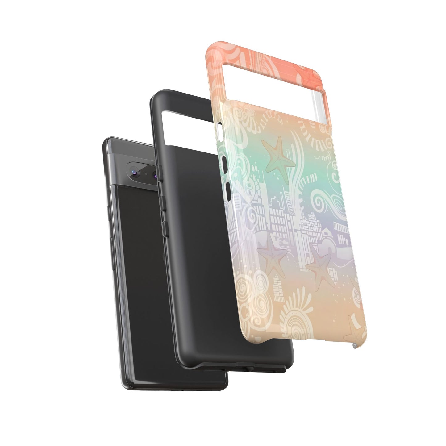 Tough Cases: Pastel Beach Pattern Phone Case — Starfish & Coastal Cityscape Protective Cover