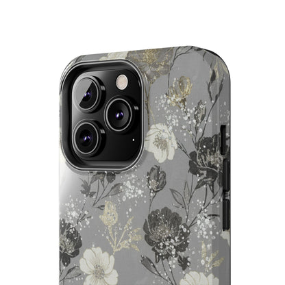 Floral Gray Tough Phone Case — Elegant Protective Phone Cover with Gold Accent