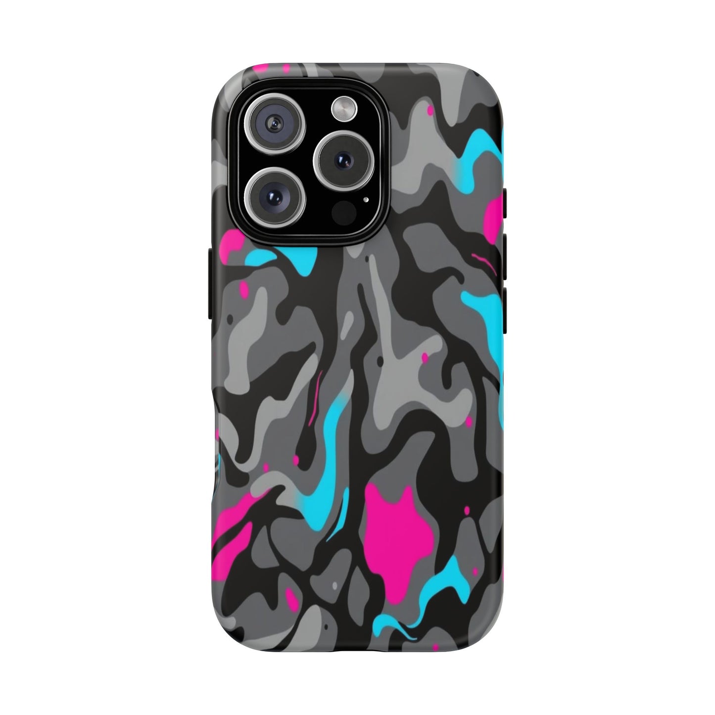Camouflage Phone Case — Gray Camo with Neon Pink & Cyan Accent Tough Protective Cover