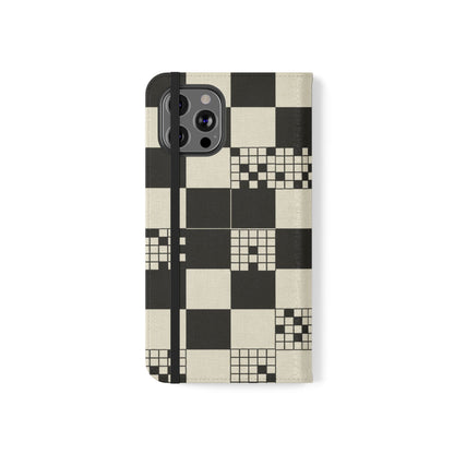 Checkerboard Flip Phone Case – Retro Black & Cream Geometric Wallet Case