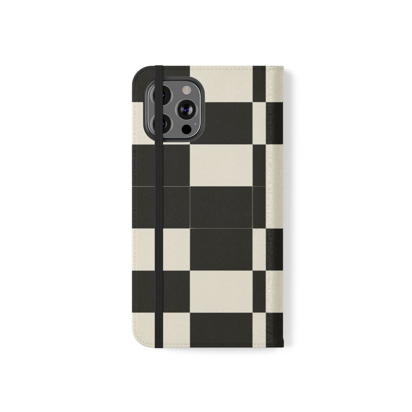 Checkered Flip Phone Case – Black & Cream Retro Grid Wallet Case