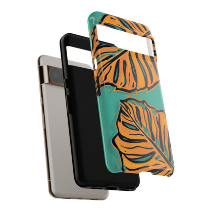 Tropical Leaf Tough Phone Case — Orange Monstera Design on Teal