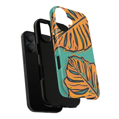 Tropical Leaf Tough Phone Case — Orange Monstera Design on Teal