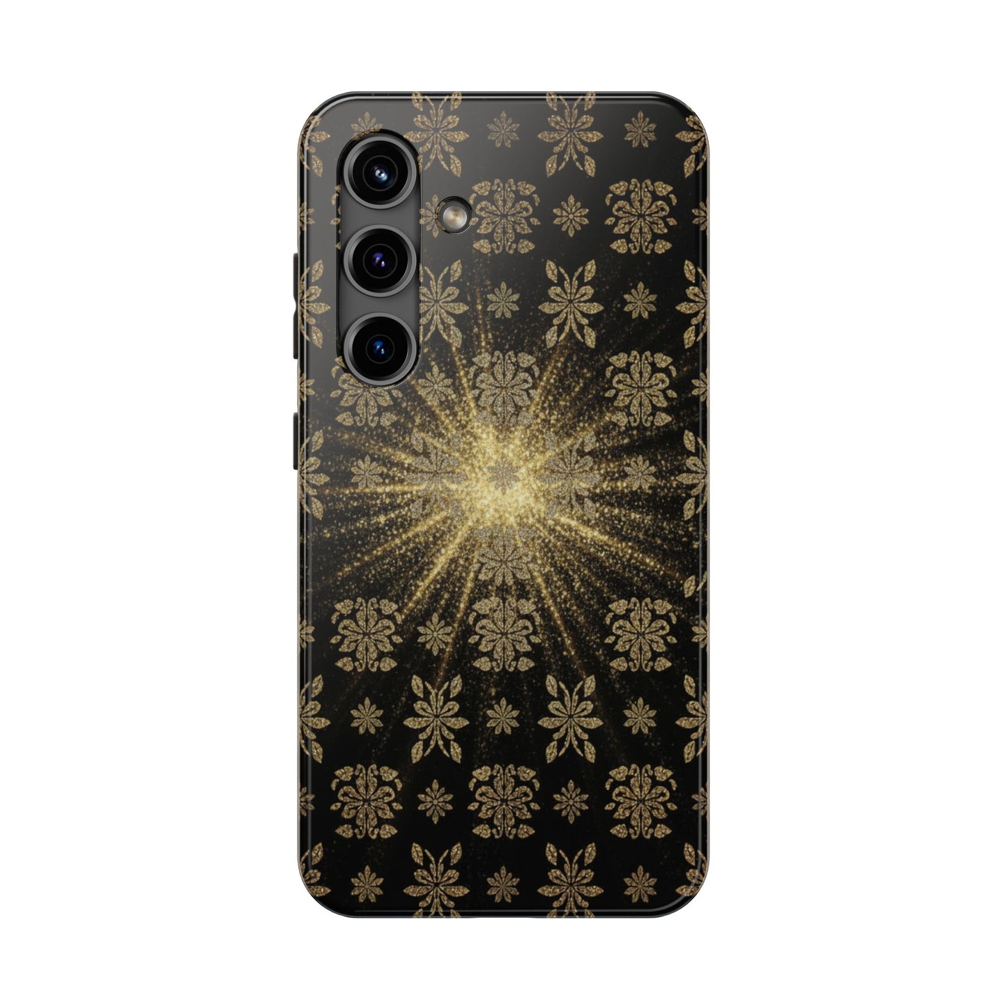 Glitter Burst Tough Phone Case — Black & Gold Floral Protective Cover