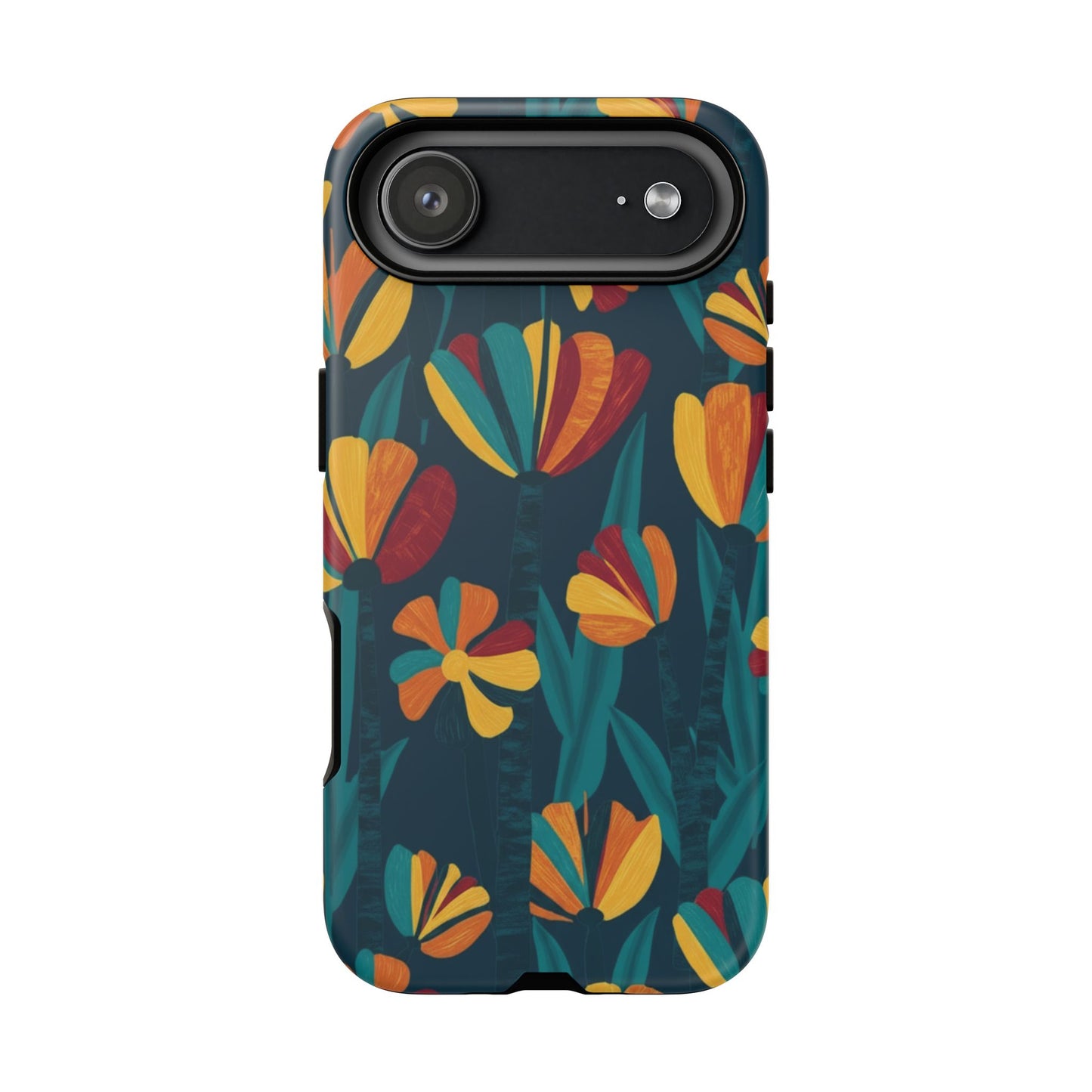 Floral Retro Teal Tough Phone Case — Vibrant Orange & Mustard Blooms