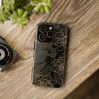 Floral Gold Outline Tough Phone Case – Black Botanical Protective Cover