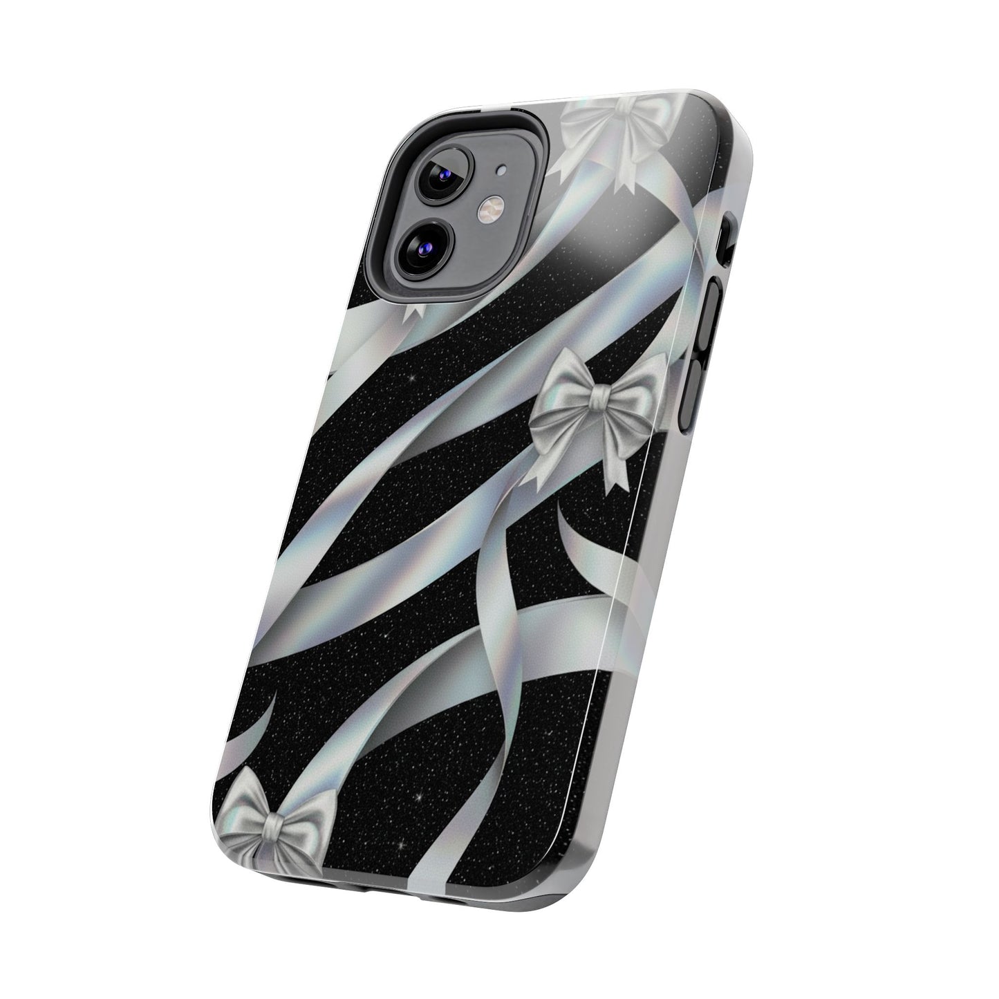 Silver Ribbon Bow Tough Phone Case — Glitter Black Protective Phone Case