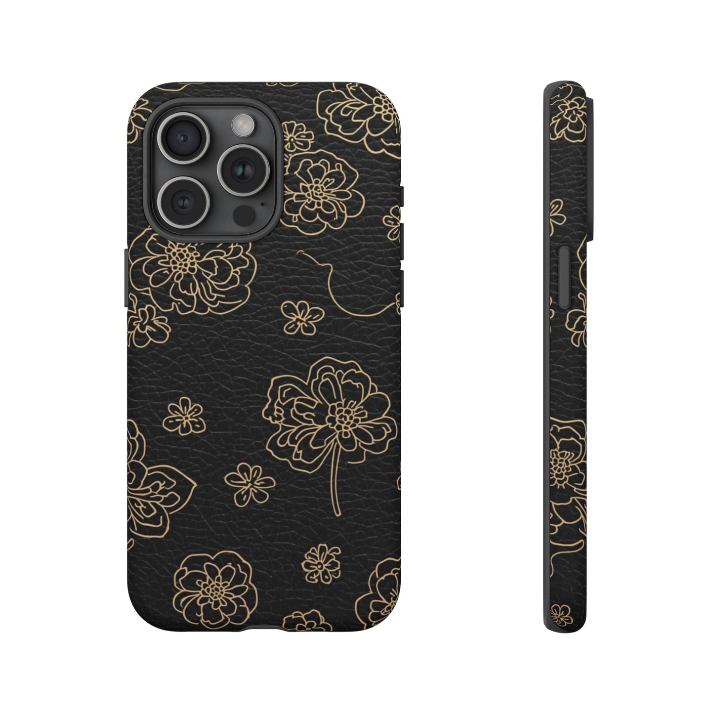 Floral Leather-Texture Tough Case – Black Gold Outline Phone Cover