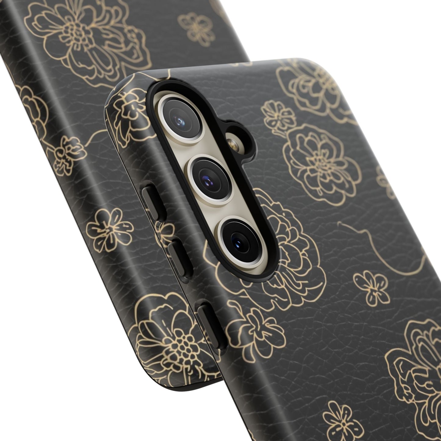 Floral Leather-Texture Tough Case – Black Gold Outline Phone Cover