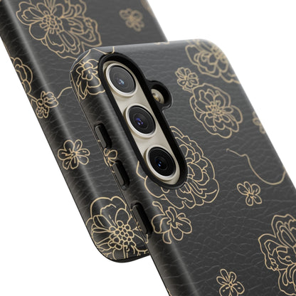 Floral Leather-Texture Tough Case – Black Gold Outline Phone Cover