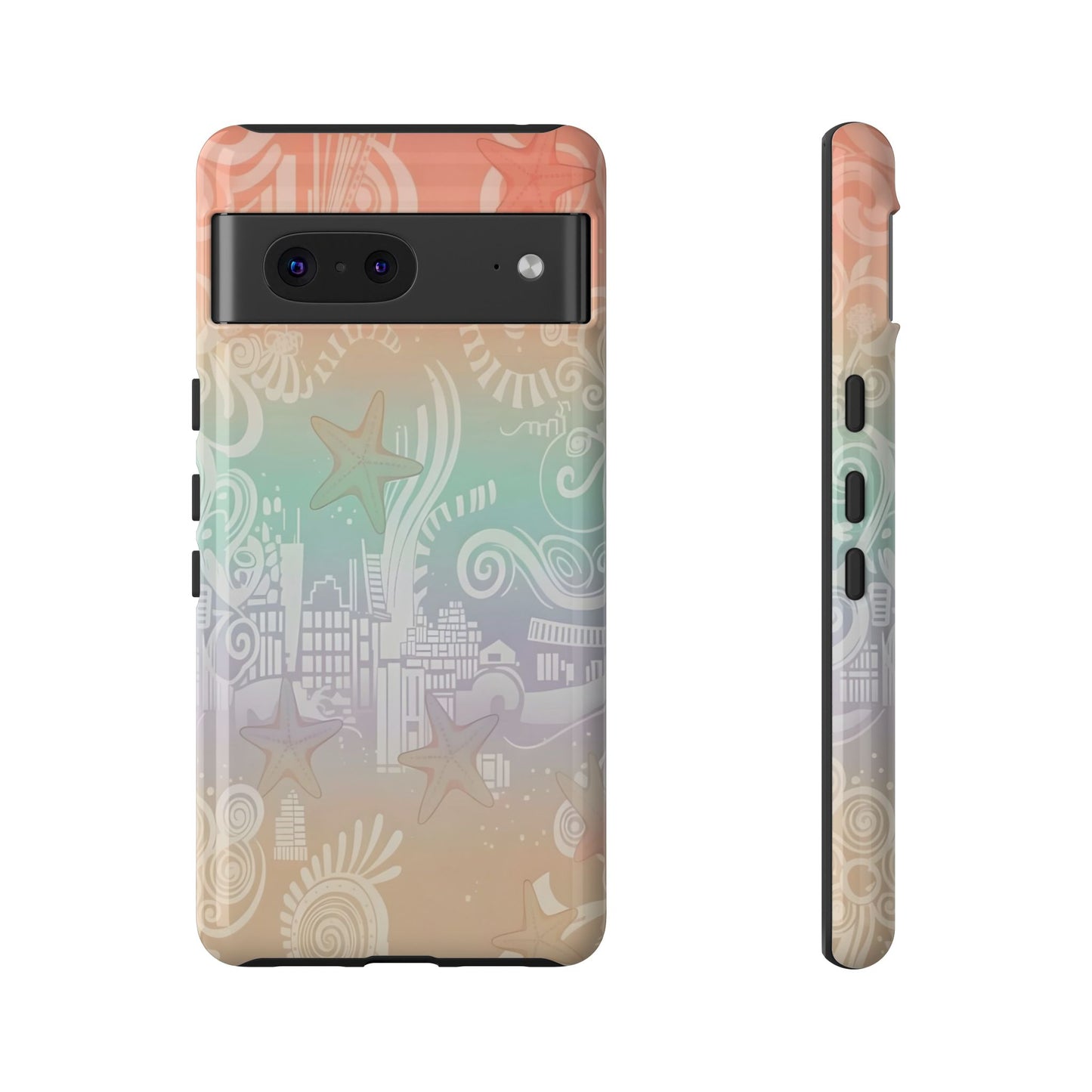 Tough Cases: Pastel Beach Pattern Phone Case — Starfish & Coastal Cityscape Protective Cover