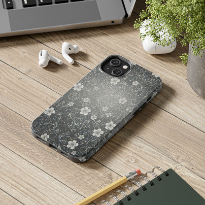Floral Sparkle Tough Phone Case — Black & Silver Vintage Blossom