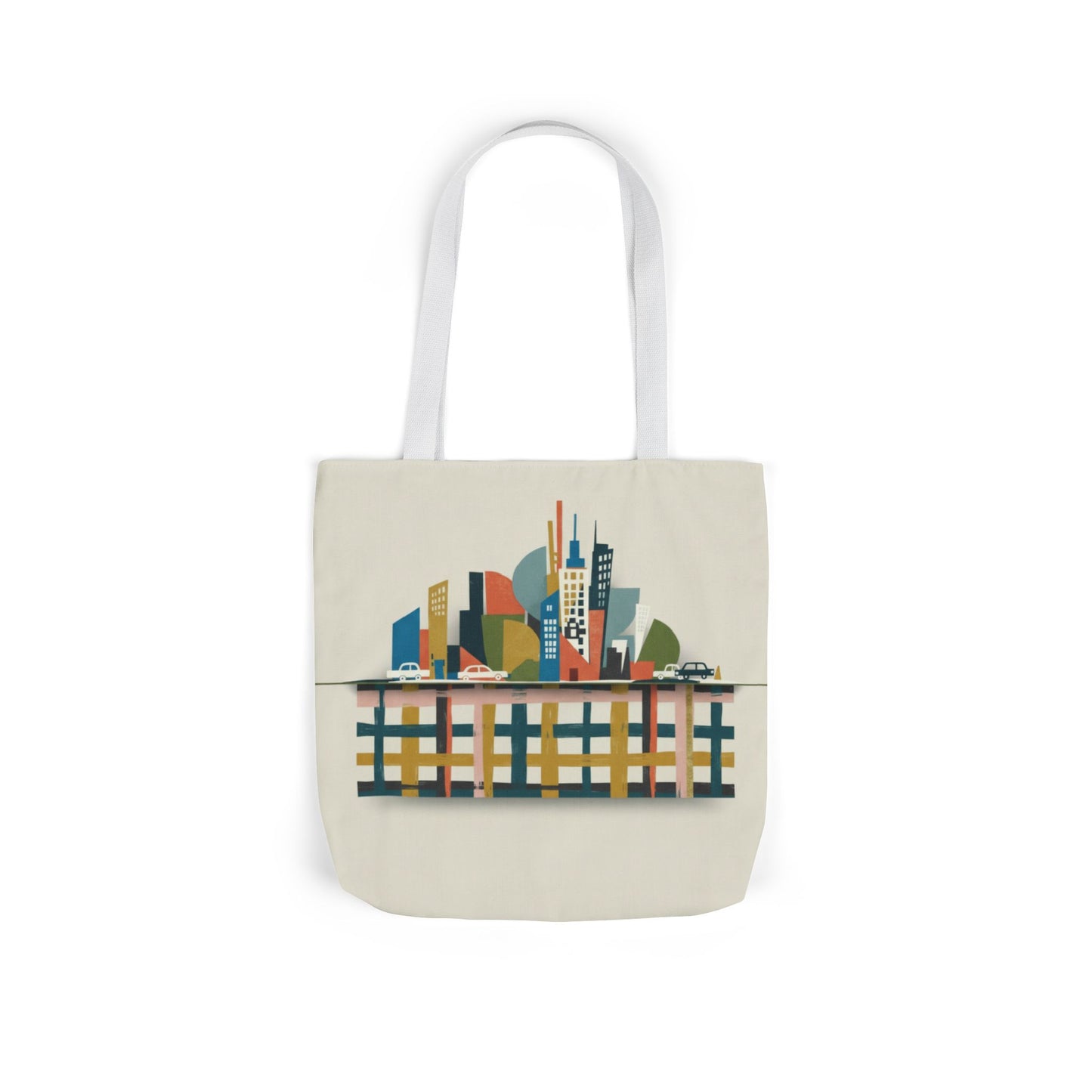 City Skyline Canvas Tote Bag — Colorful Urban Illustration with 5-Color Straps