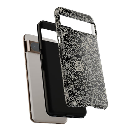 Floral Doodle Tough Phone Case — Black & White Sketch Flower Protective Cover