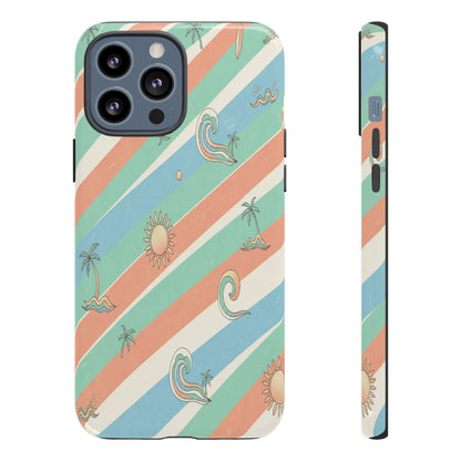 Retro Beach Stripes Phone Case — Sun, Waves & Palm Pattern Tough Case