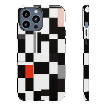 Abstract Geometric Phone Case – Black & White Checker Grid with Red Accent
