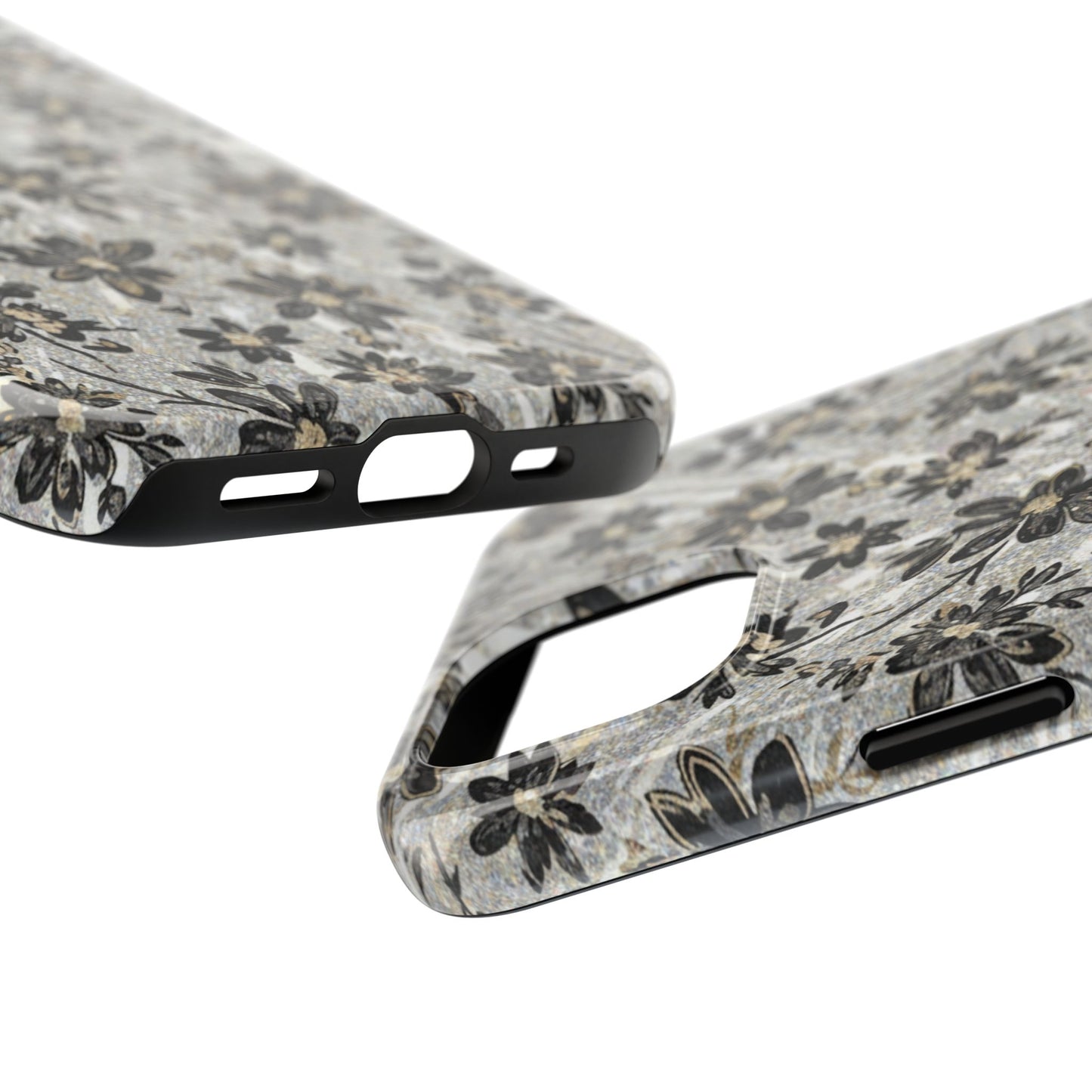 Floral Vintage Tough Phone Case — Black & Gray Rustic Flower Protective Case