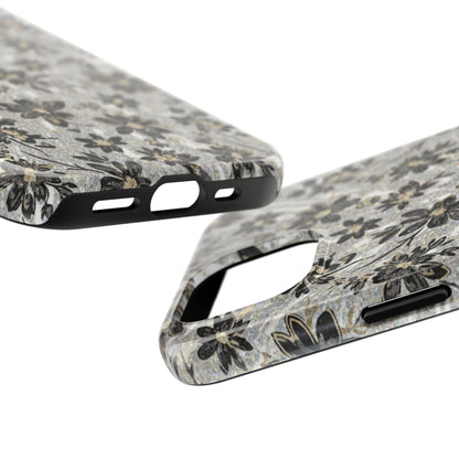 Floral Vintage Tough Phone Case — Black & Gray Rustic Flower Protective Case