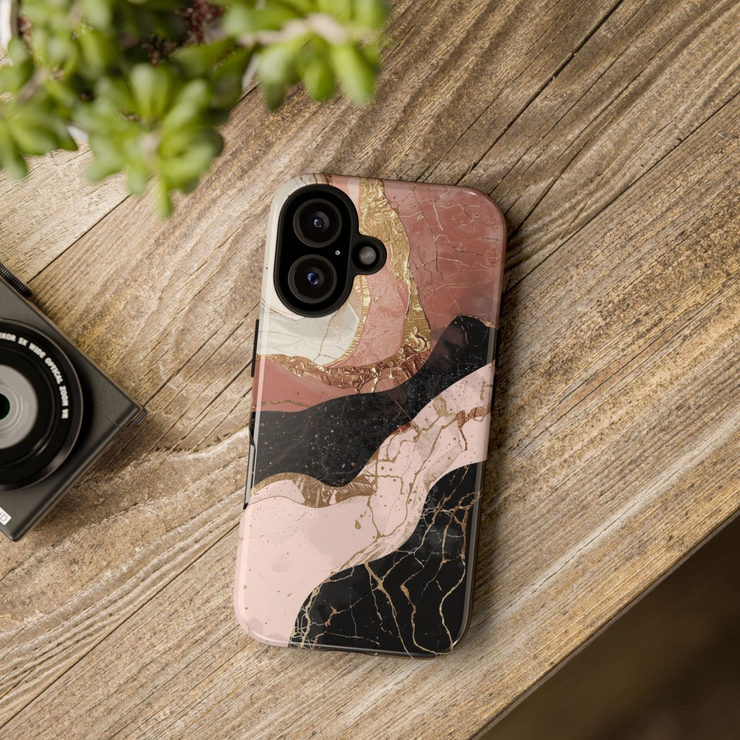 Marbled Rose Gold Phone Case — Abstract Pink & Black Protective Tough Case