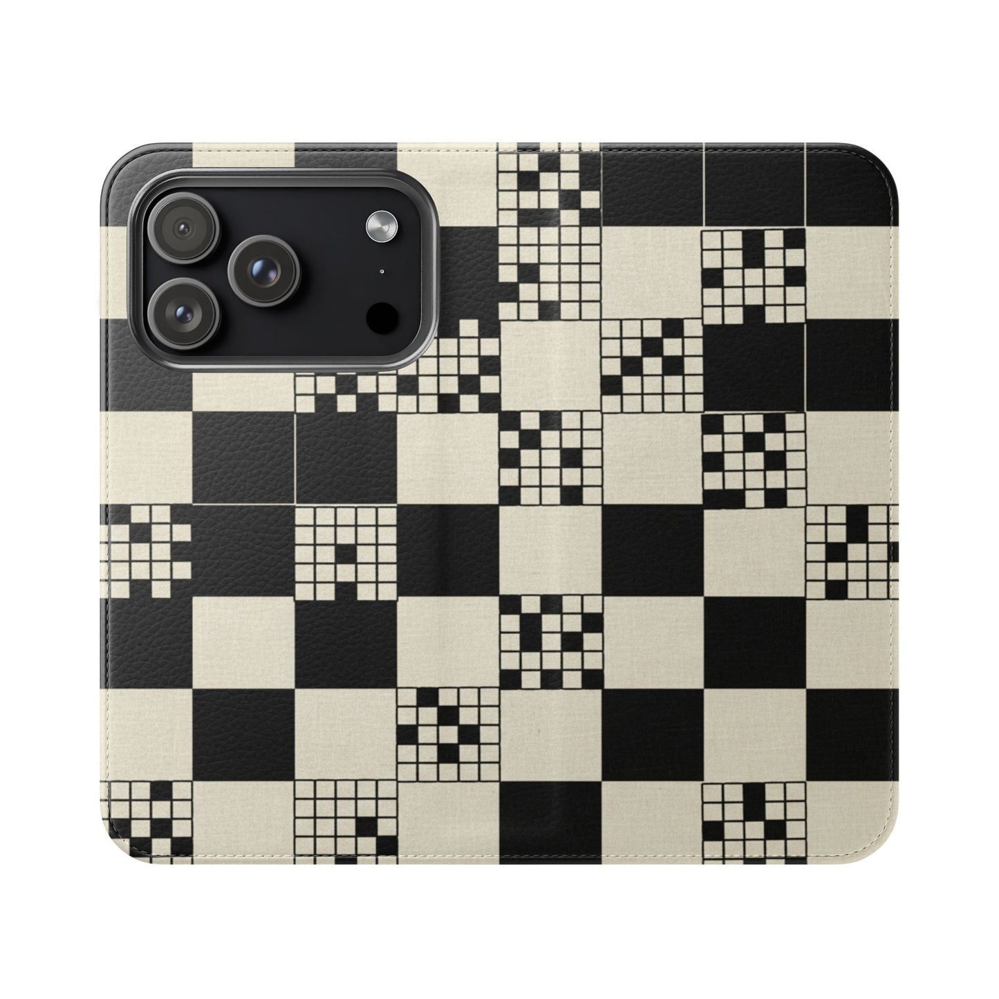 Checkerboard Flip Phone Case – Retro Black & Cream Geometric Wallet Case