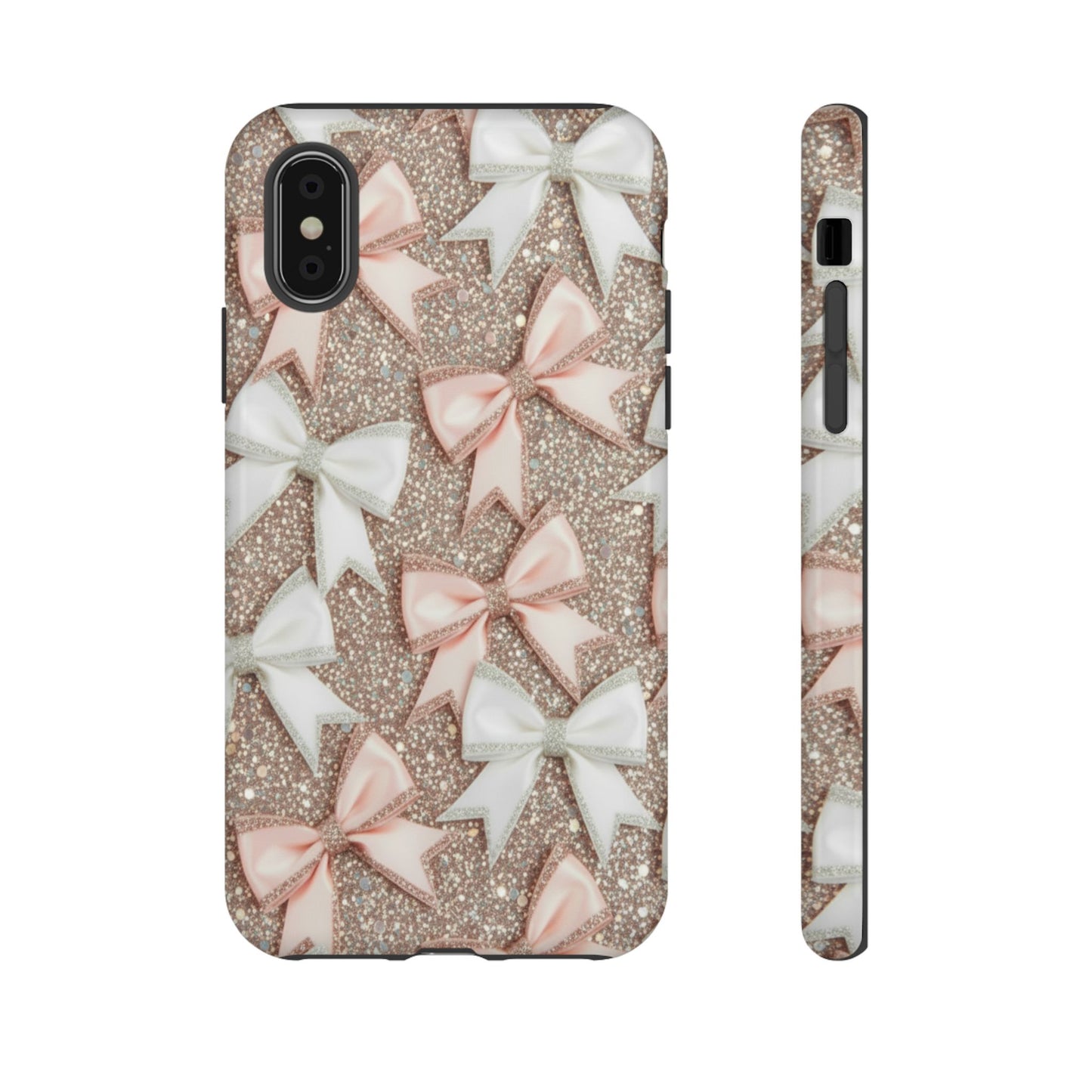 Glitter Bow Tough Phone Case — Pink & White Ribbon Protective Cover