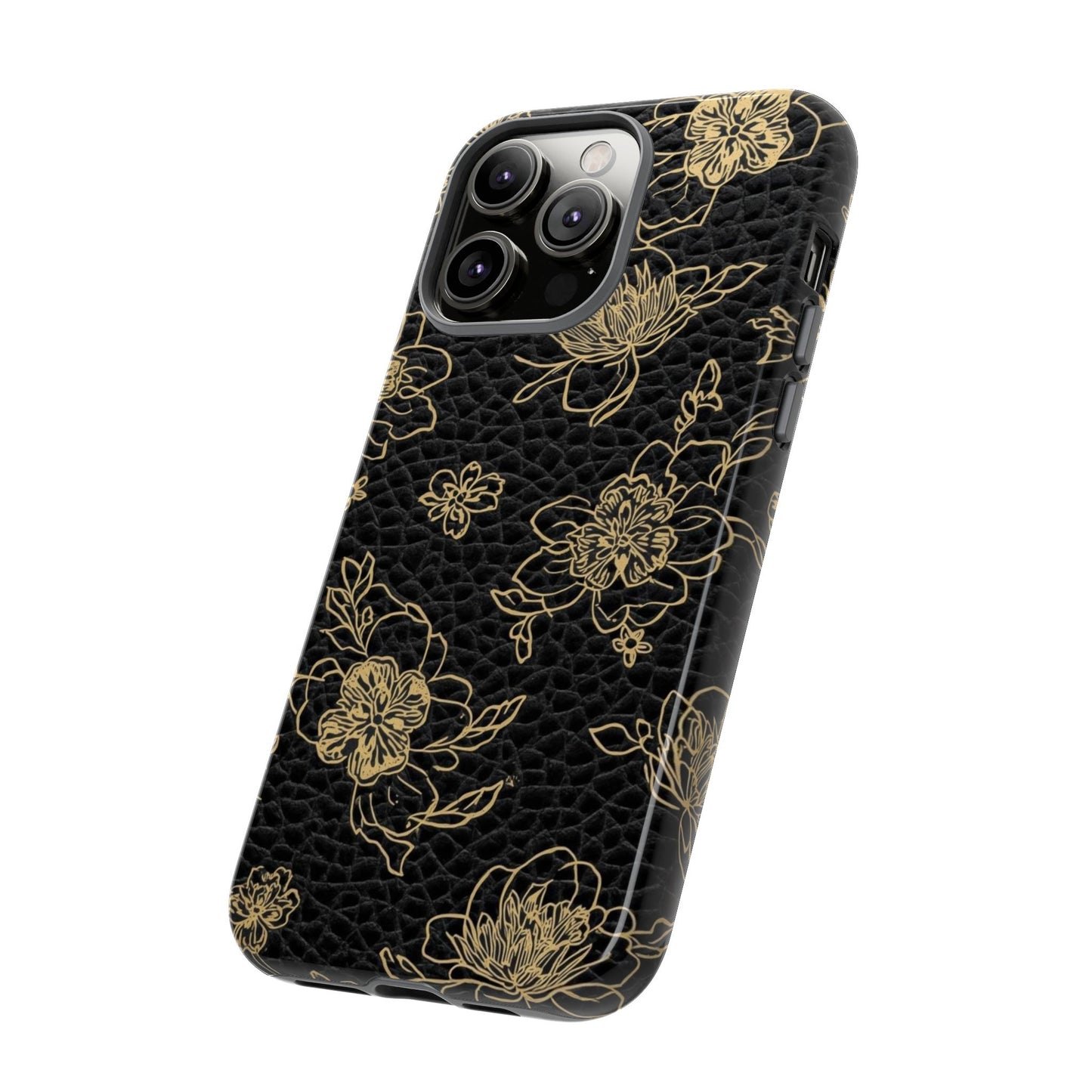 Floral Leather Phone Case — Gold Outline Flowers on Black Tough Case