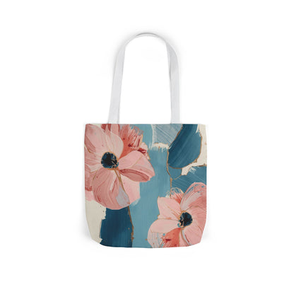 Floral Brushstroke Canvas Tote Bag — Pink Blossoms with Blue Straps