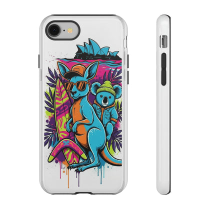 Kangaroo & Koala Surf Phone Case — Retro Neon Beach Art Tough Case
