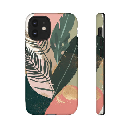 Tropical Leaf Tough Phone Case — Abstract Pink & Green Botanical Protective Cover