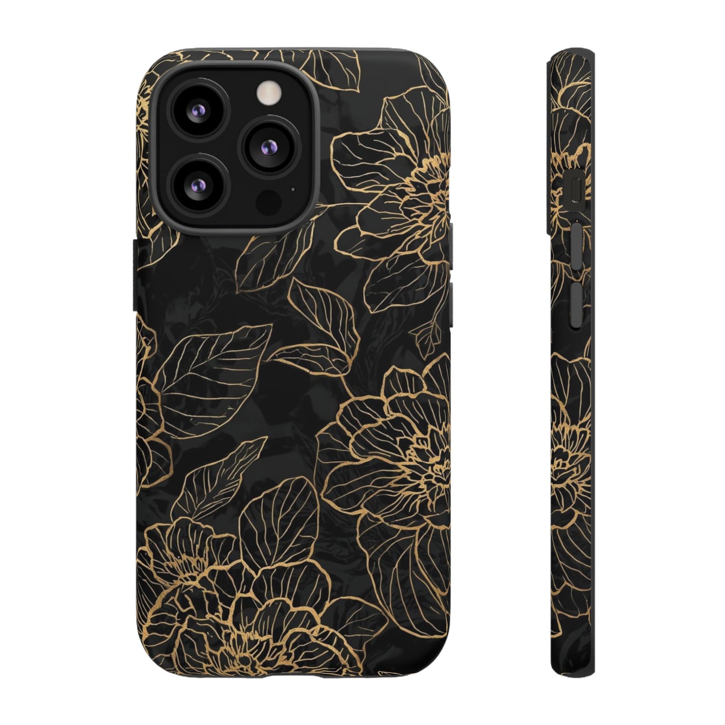 Floral Gold Outline Tough Phone Case – Black Botanical Protective Cover