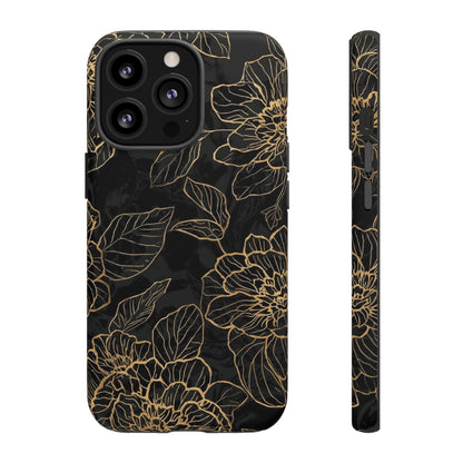 Floral Gold Outline Tough Phone Case – Black Botanical Protective Cover