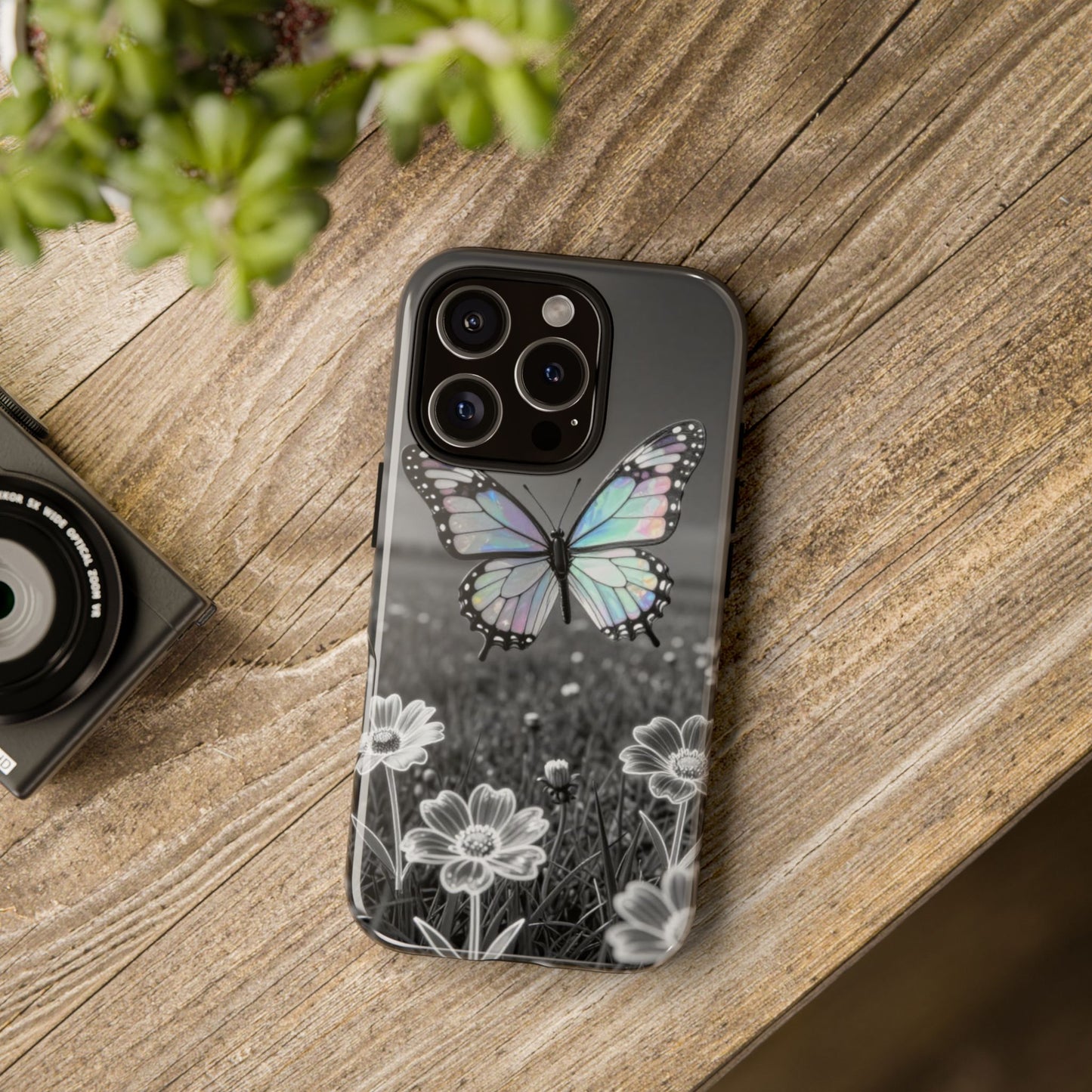 Butterfly Field Tough Phone Case — Pastel Holographic Butterfly on Black & White Floral Background